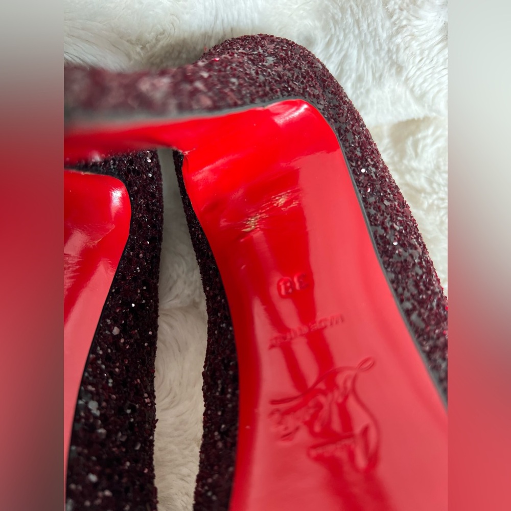 Christian Louboutin Very Prive 120 Burgundy Glitter Peep Toe Heels Size 38 US 8 - Picture 14 of 17